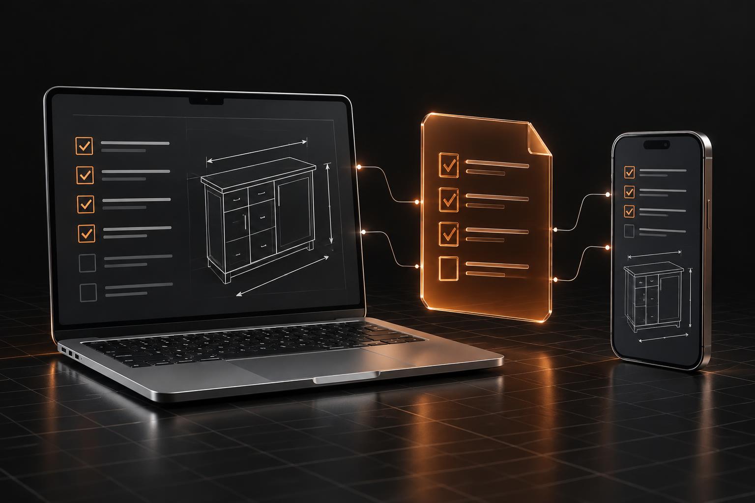 Ilustração conceitual de ficha de pedido com medidas e checklist em computador e celular